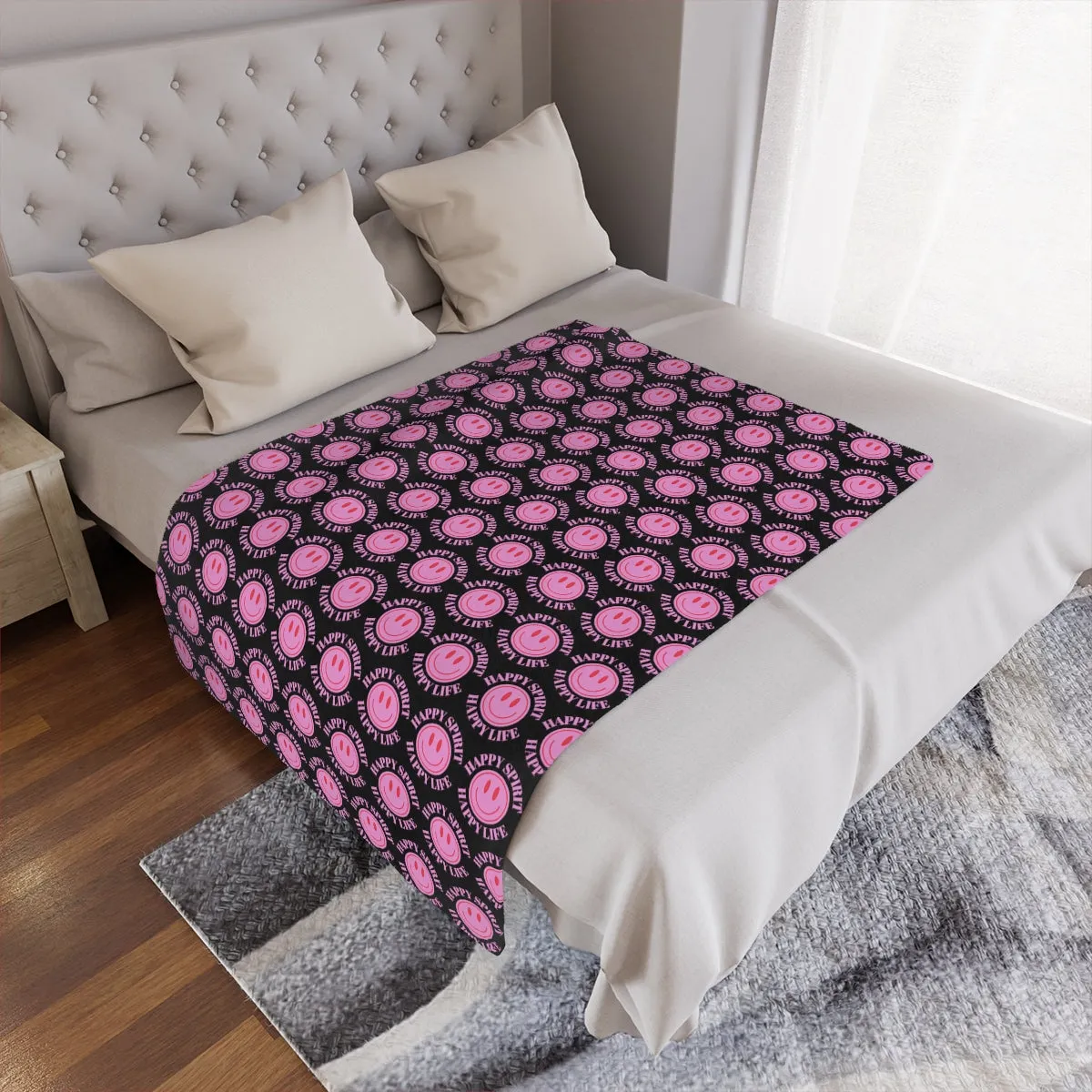 Adult Pink Smile Minky Blanket, Happy Spirit Happy Life Happy Mind Blanket, Aesthetic Blanket, Adult Fleece Smile Pink Y2k Throw