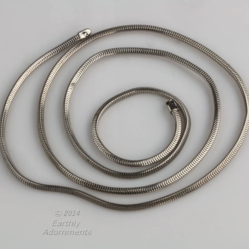 b12-chn700- Vintage silver metal finished snake chain. 2mm width. Sold in 15" lengths.