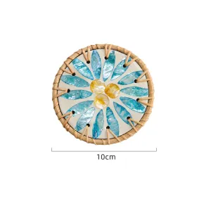 (Blue Leaf Fruit Pattern) Set of 5 Rattan & Shell Coasters | Decorative & Heat Resistant