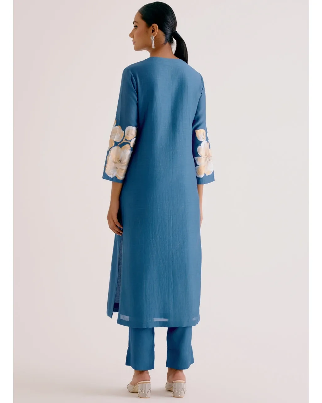 Blue Silk Chanderi Hand-Painted Kurta Set