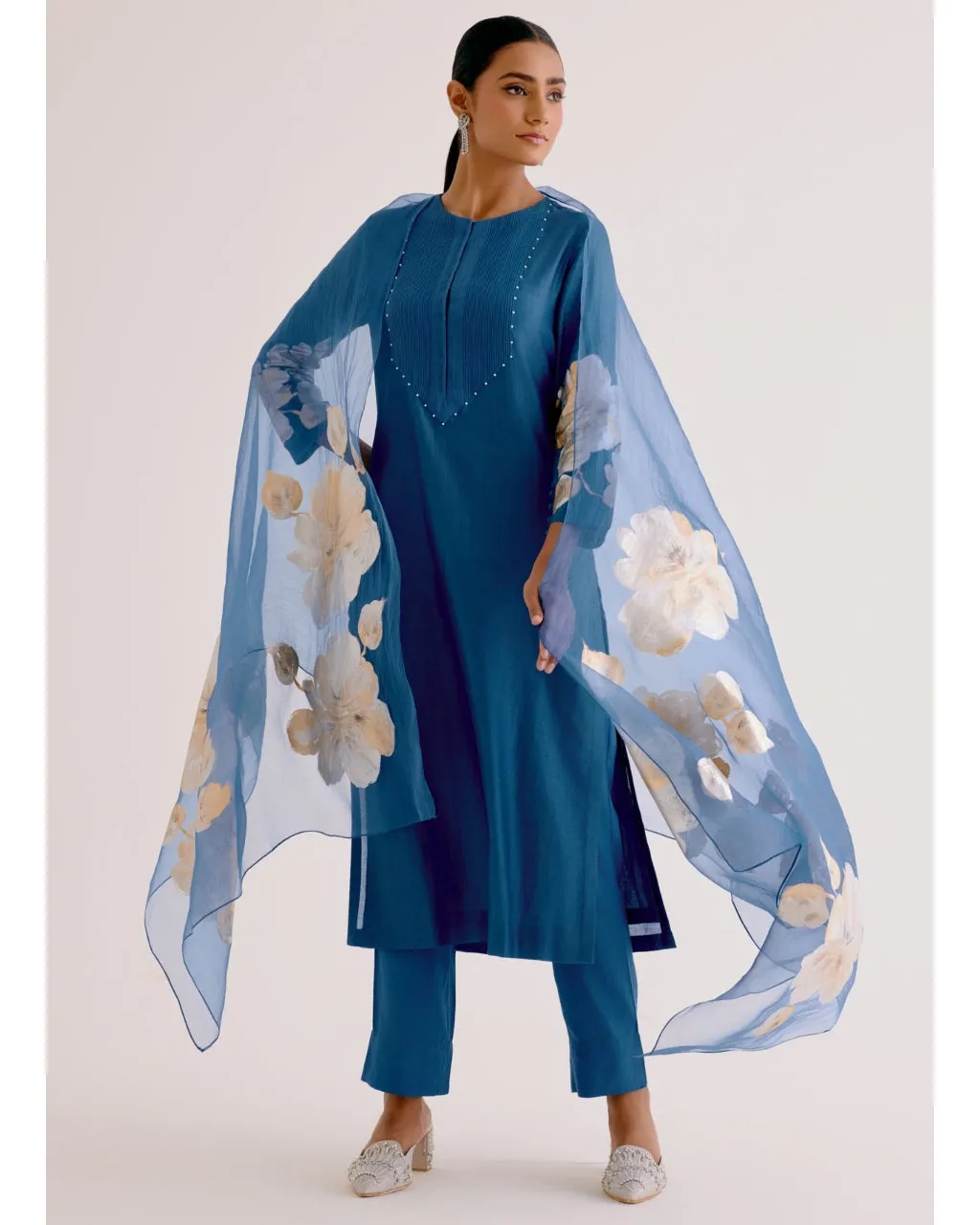 Blue Silk Chanderi Hand-Painted Kurta Set