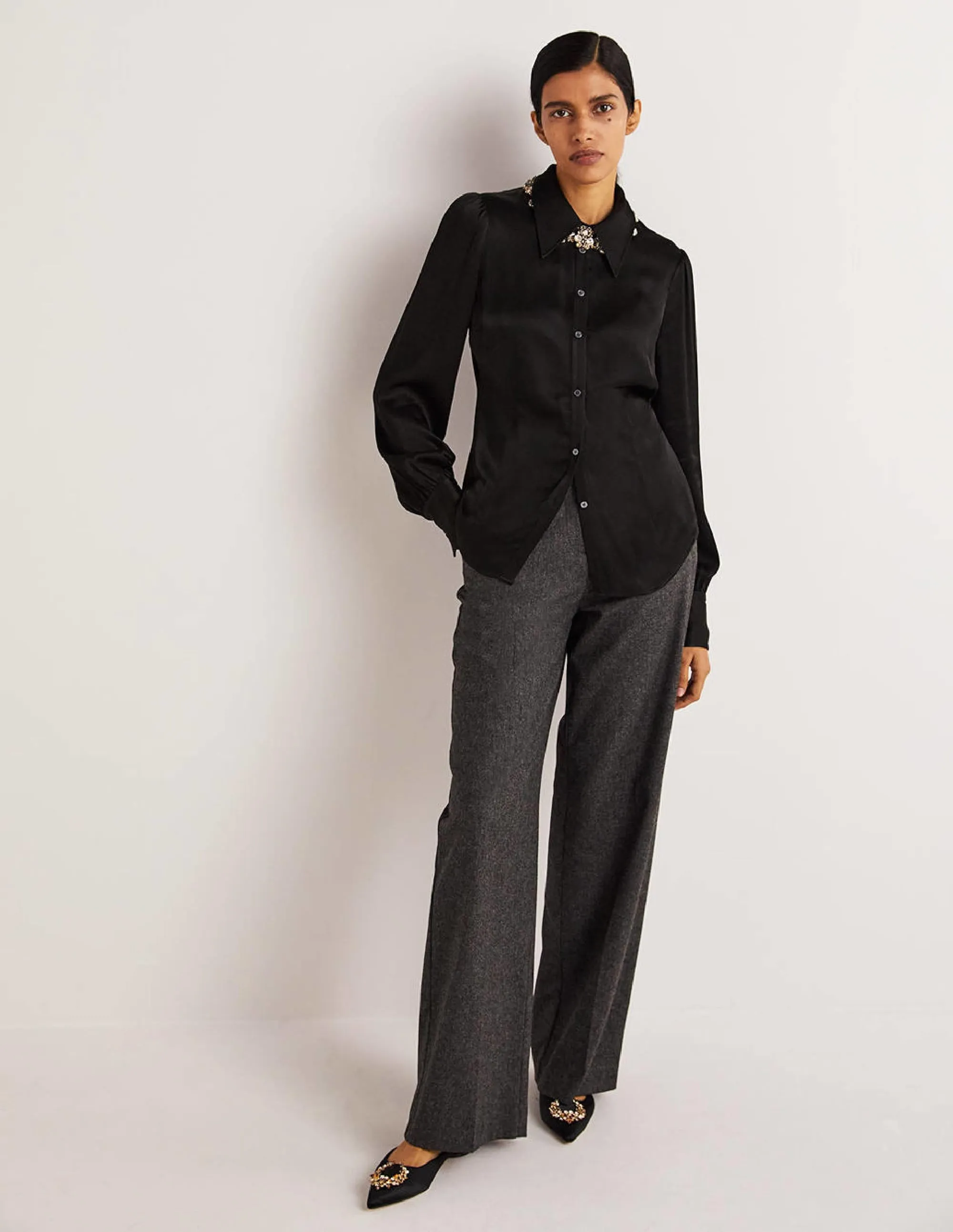Dart Detail Satin Fitted Shirt-Black