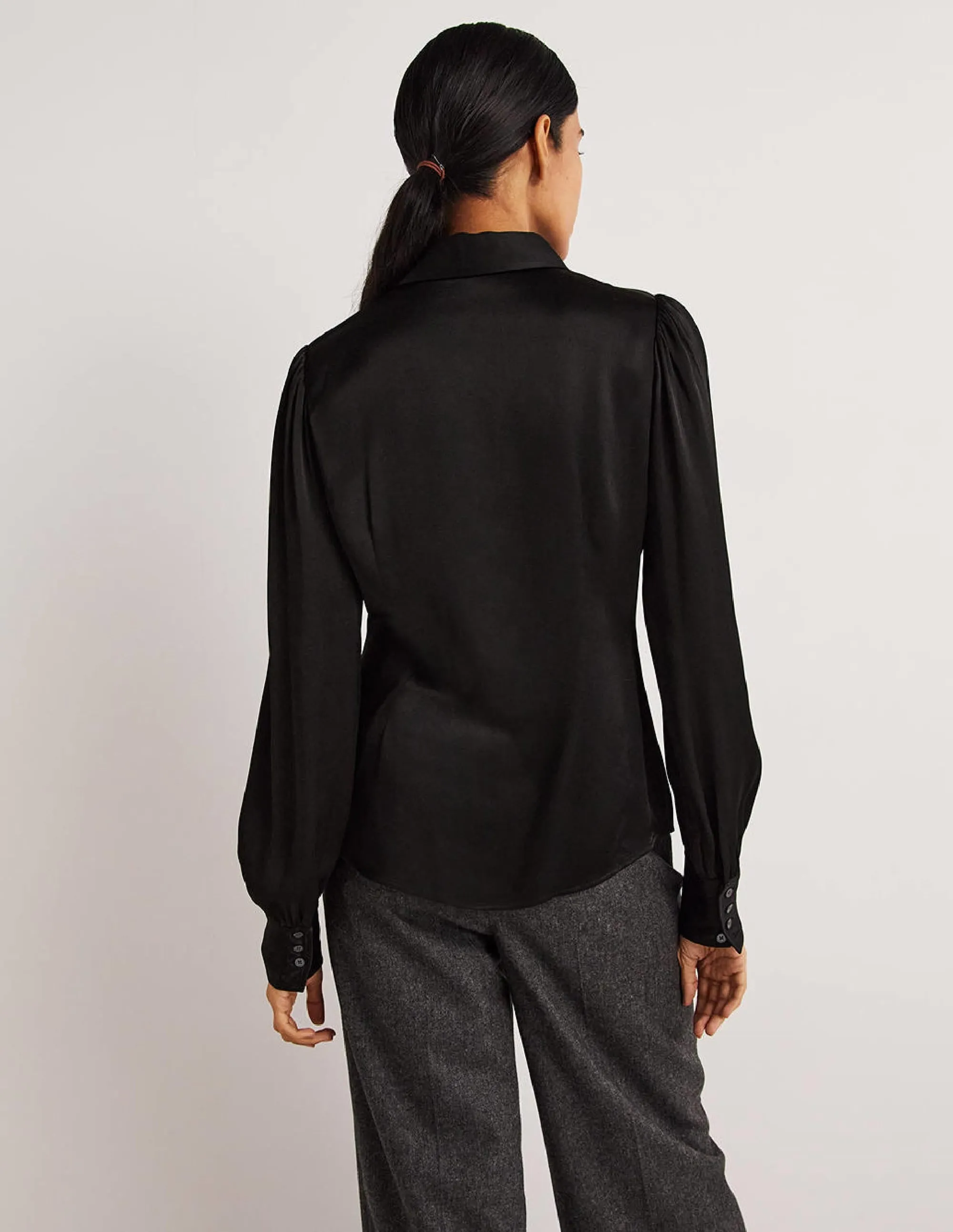 Dart Detail Satin Fitted Shirt-Black