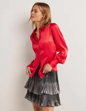 Dart Detail Satin Fitted Shirt-Strawberry Tart Red