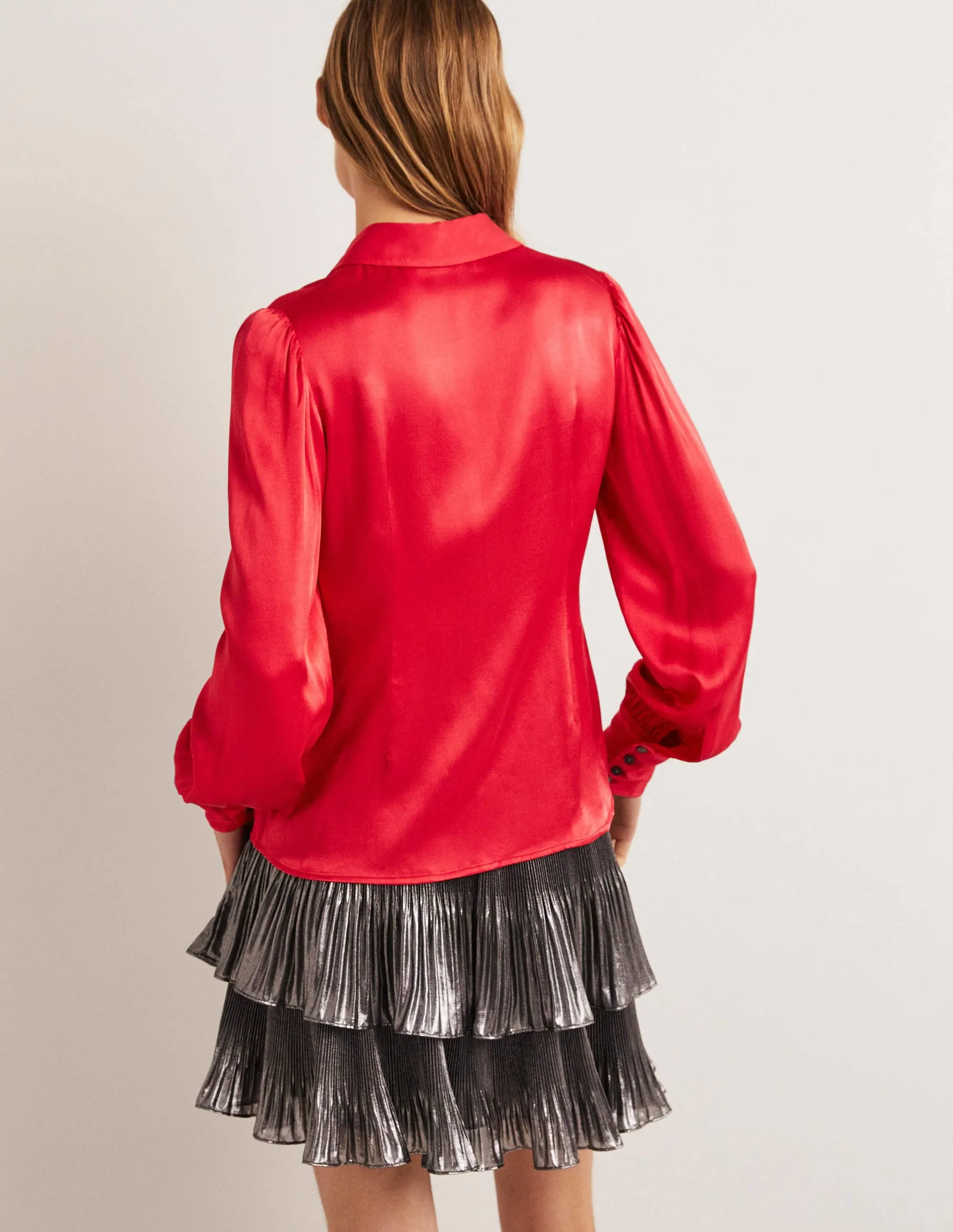 Dart Detail Satin Fitted Shirt-Strawberry Tart Red