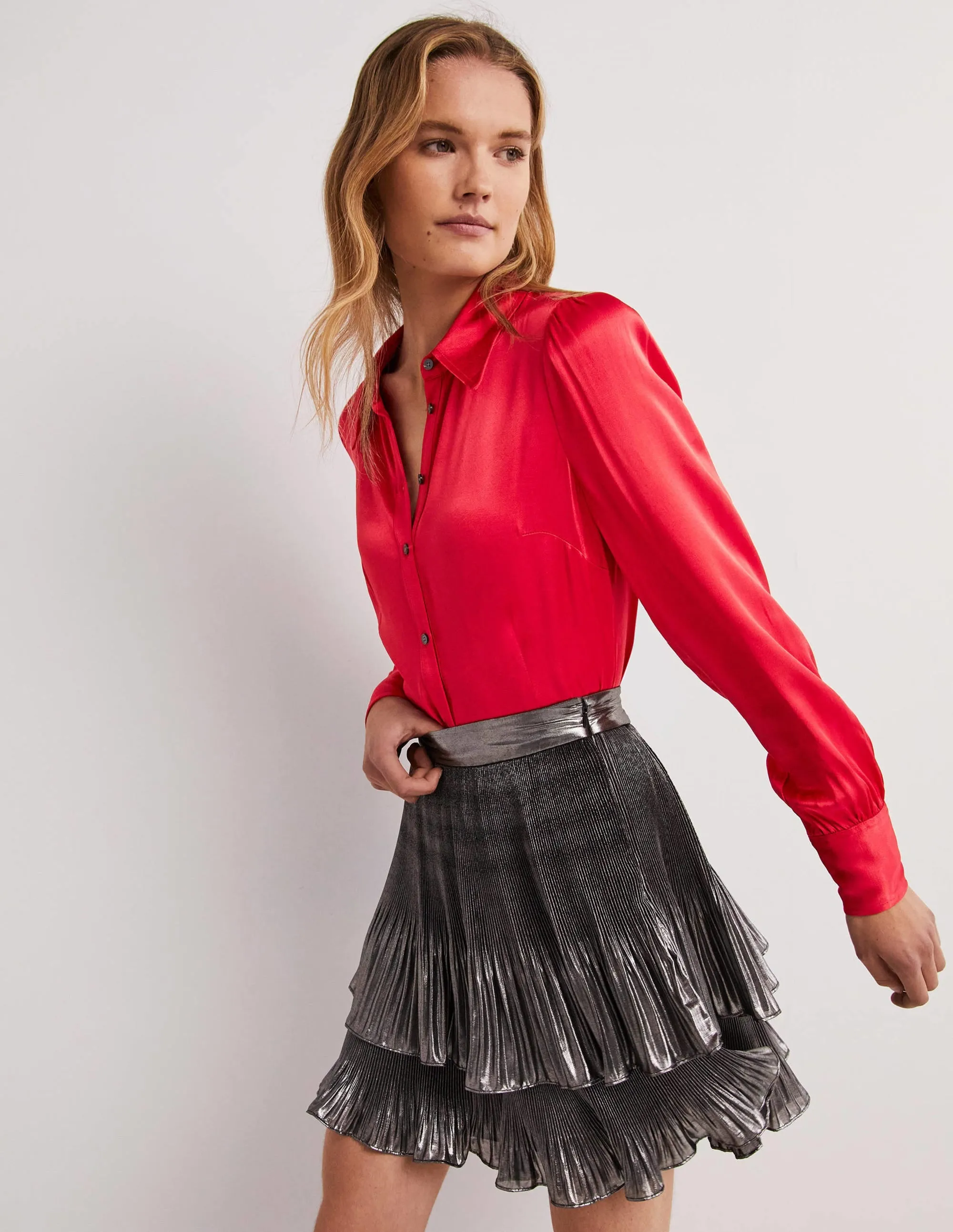 Dart Detail Satin Fitted Shirt-Strawberry Tart Red