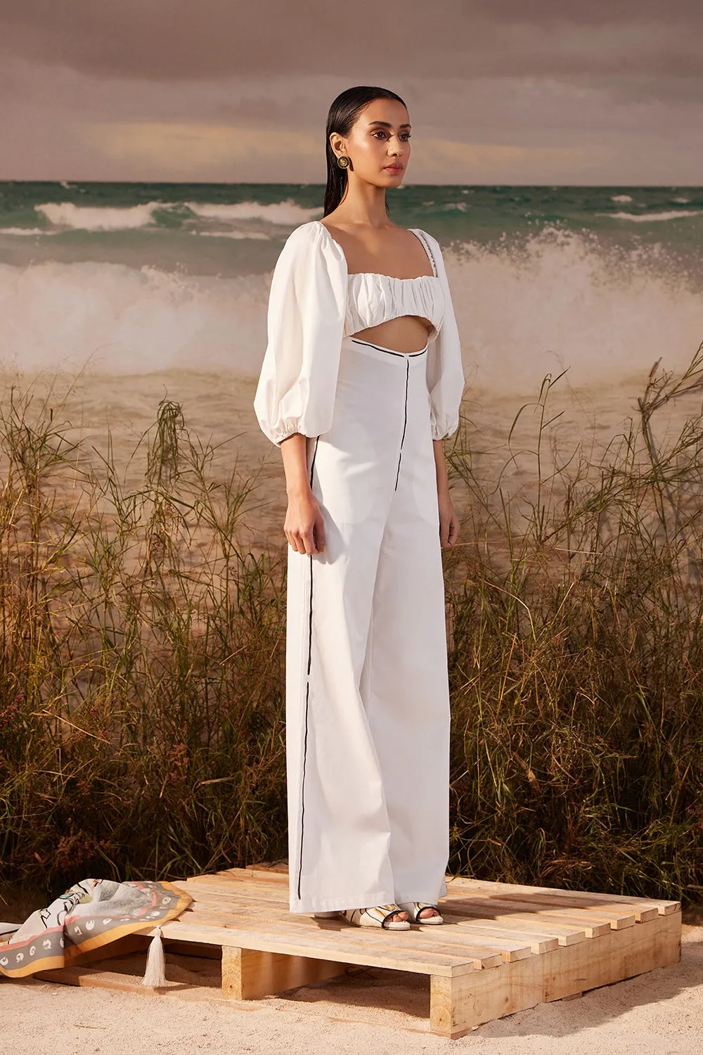 Ivory Ruched Hand-painted Jumpsuit