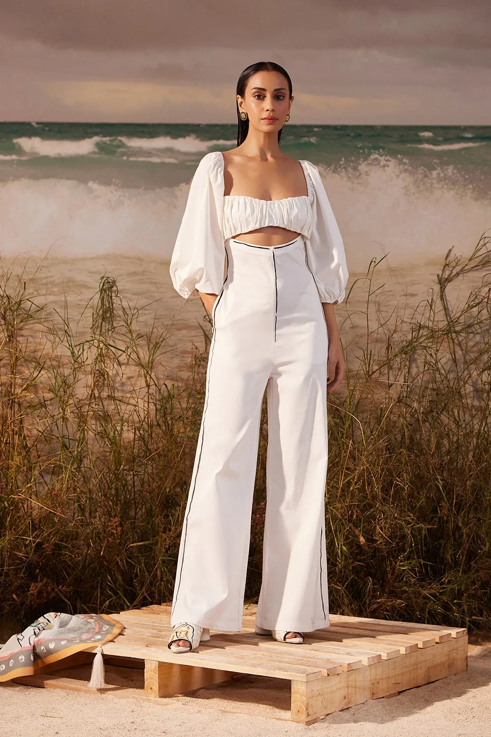 Ivory Ruched Hand-painted Jumpsuit