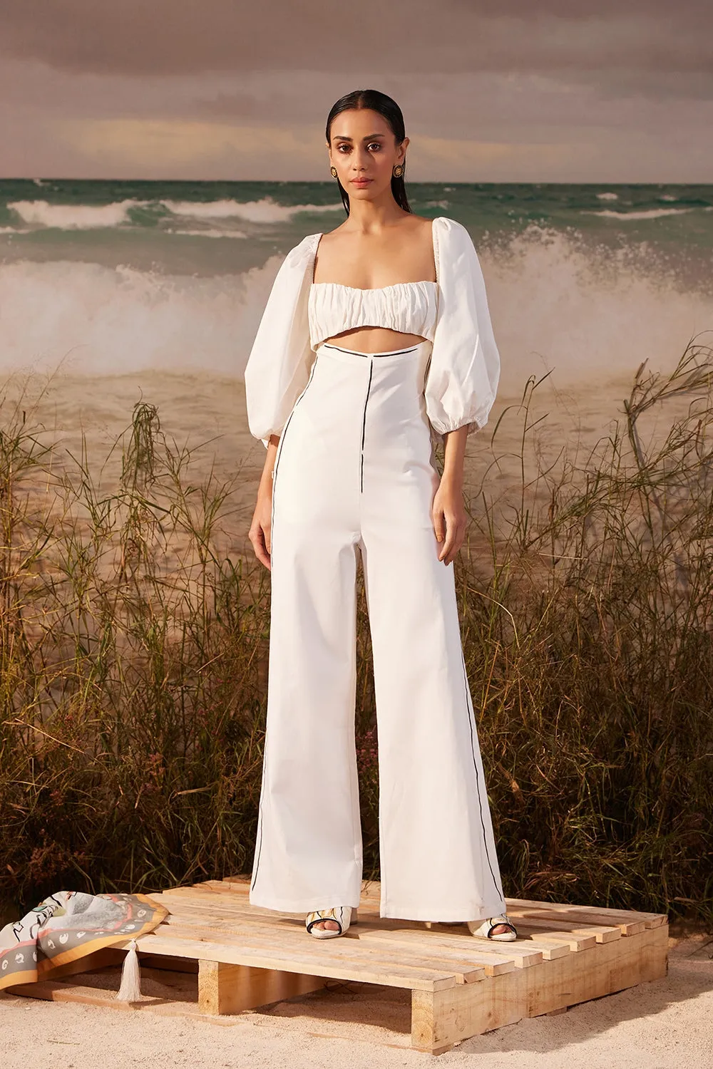 Ivory Ruched Hand-painted Jumpsuit