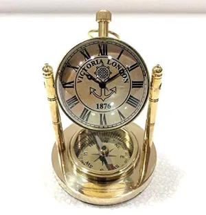MZ Enterprises Victoria London Old Style Full Brass & Glass, Desk Clock Working Compass is Attached to it. Vintage Desk Table Decorative. and Gifting Item (4 X 2.5 Inches)