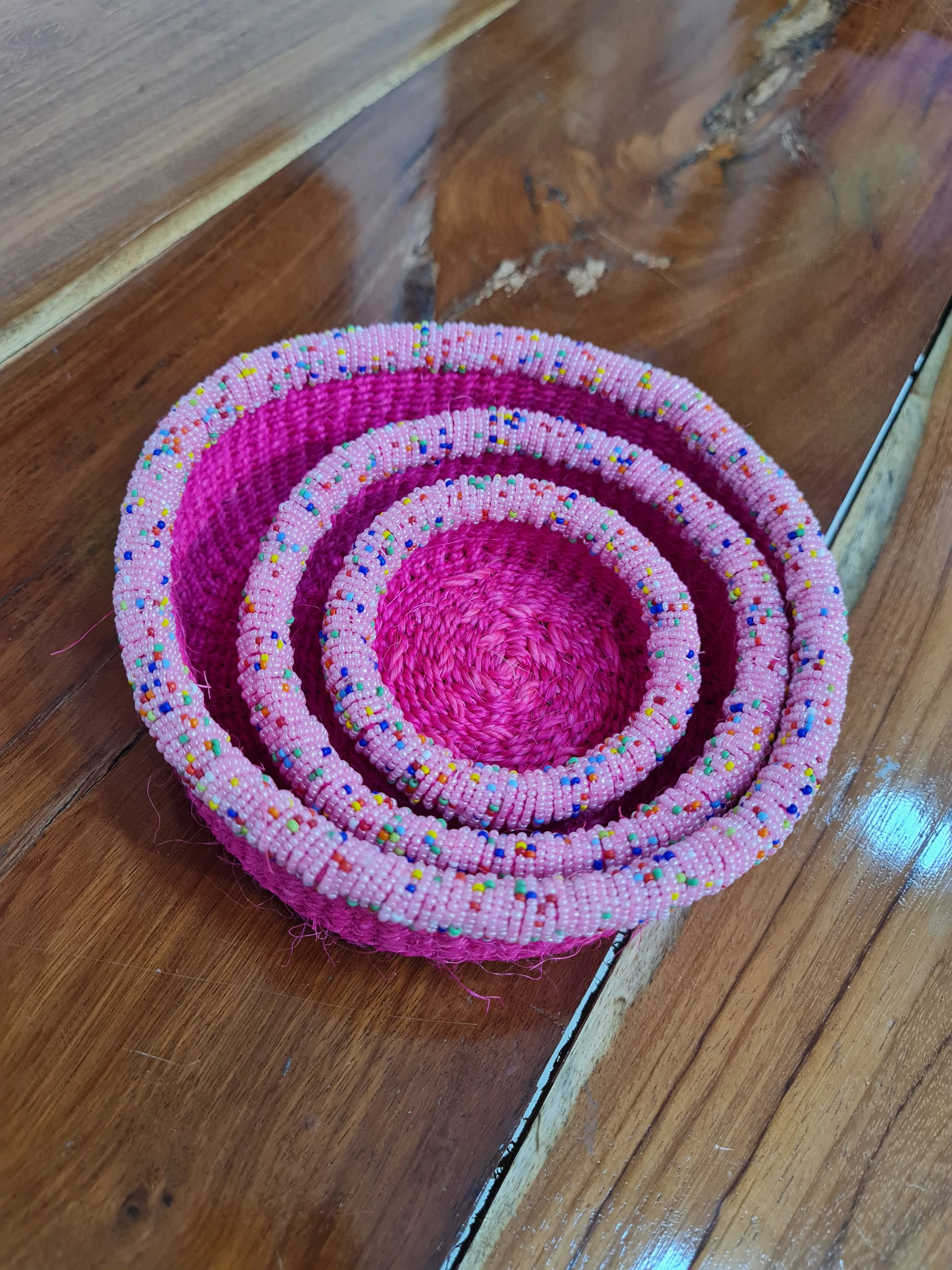 Pink Beaded Rim Basket Set