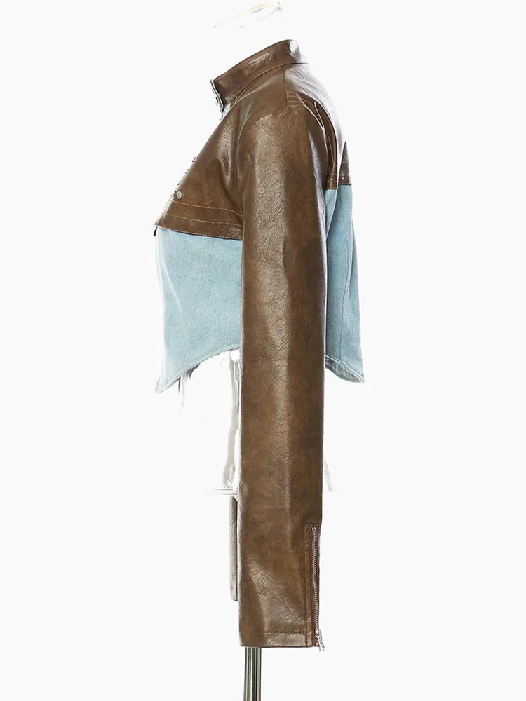 PU Leather Stand Collar Vintage Jacket