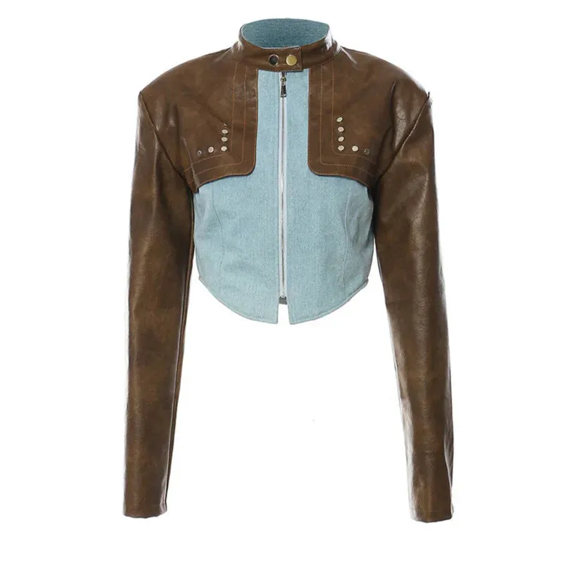 PU Leather Stand Collar Vintage Jacket