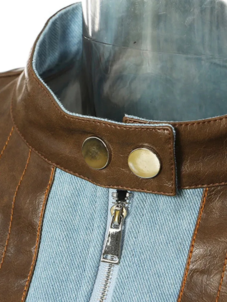 PU Leather Stand Collar Vintage Jacket