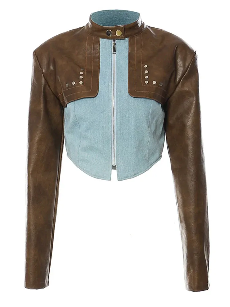 PU Leather Stand Collar Vintage Jacket
