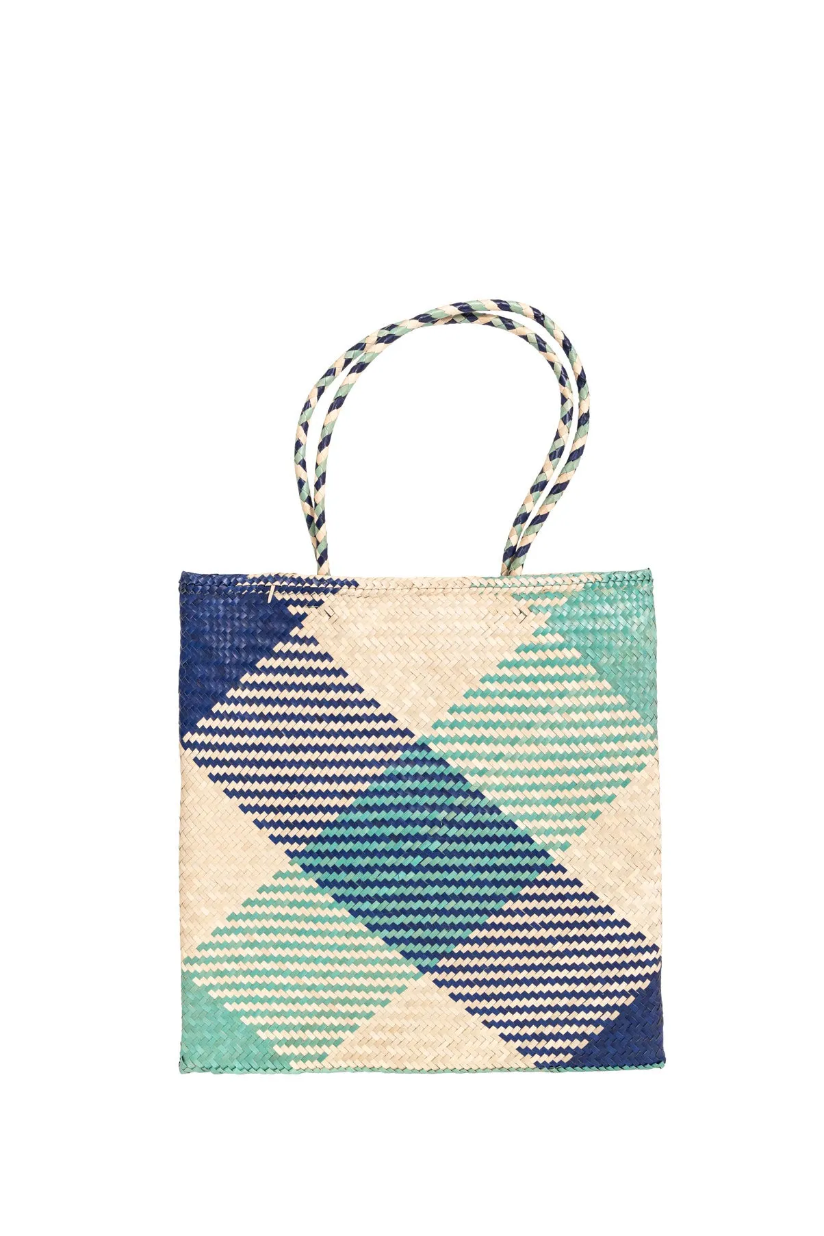 Raffia Square Shopper in Aqua/Navy