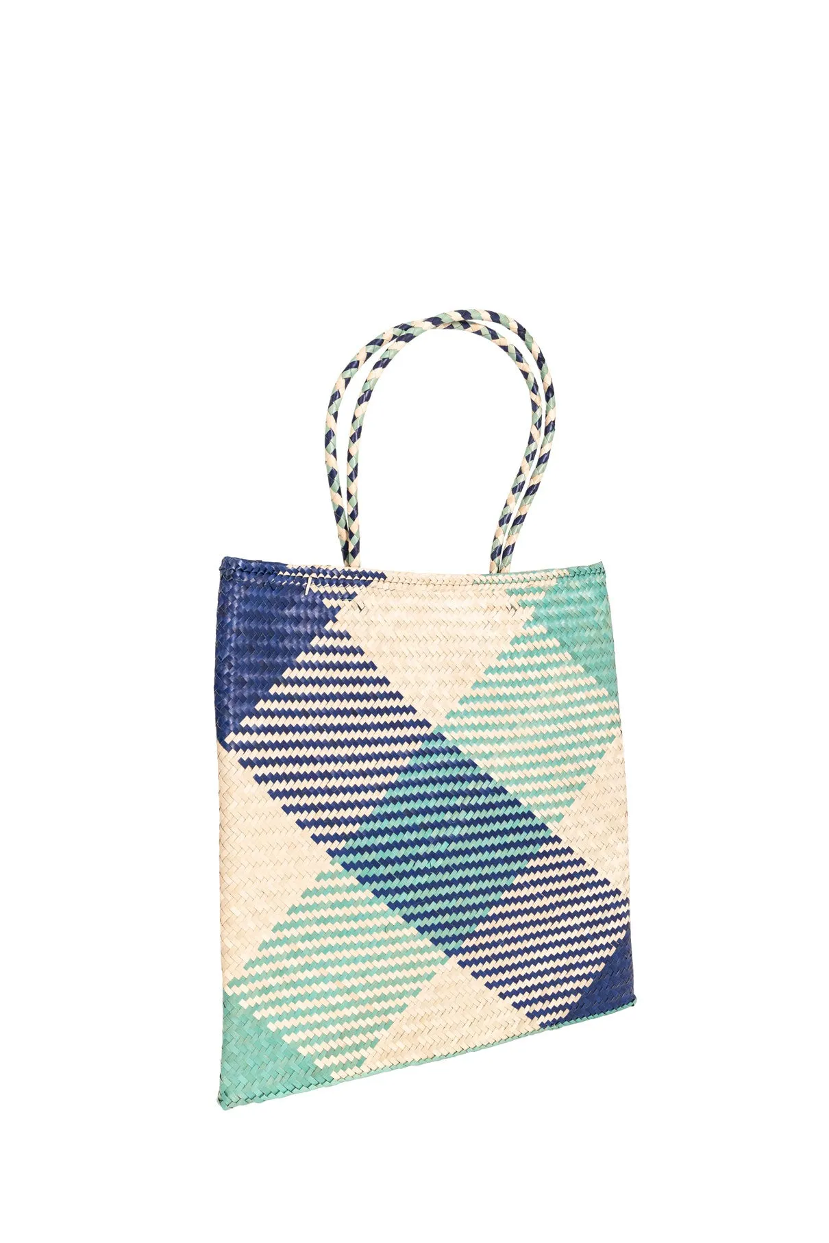 Raffia Square Shopper in Aqua/Navy