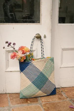 Raffia Square Shopper in Aqua/Navy
