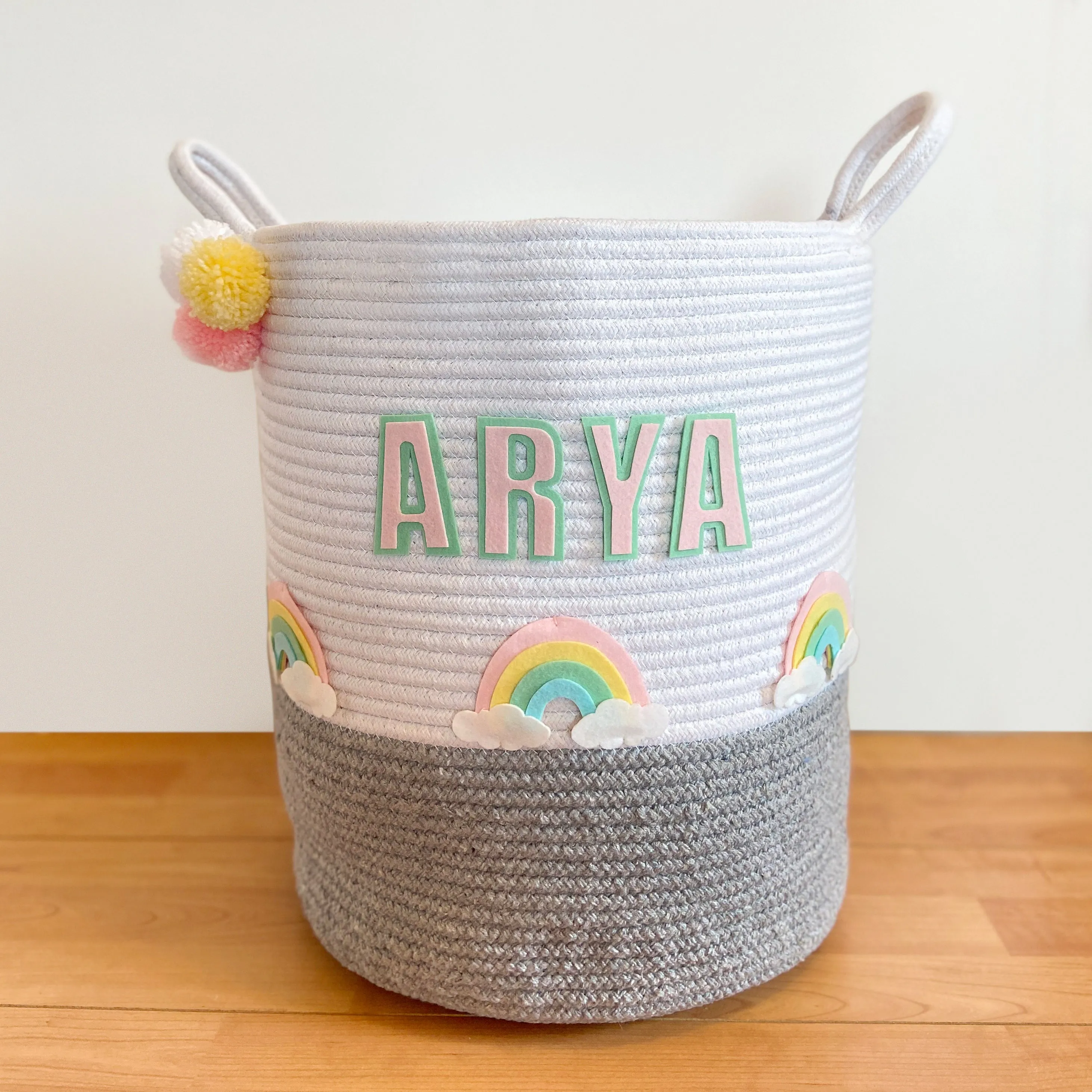 Rainbow- Grey Rope Personalized Storage Basket