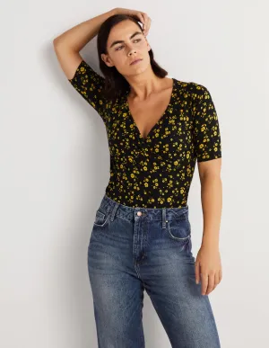 Short Sleeve Wrap Top-Black, Floral Sprig
