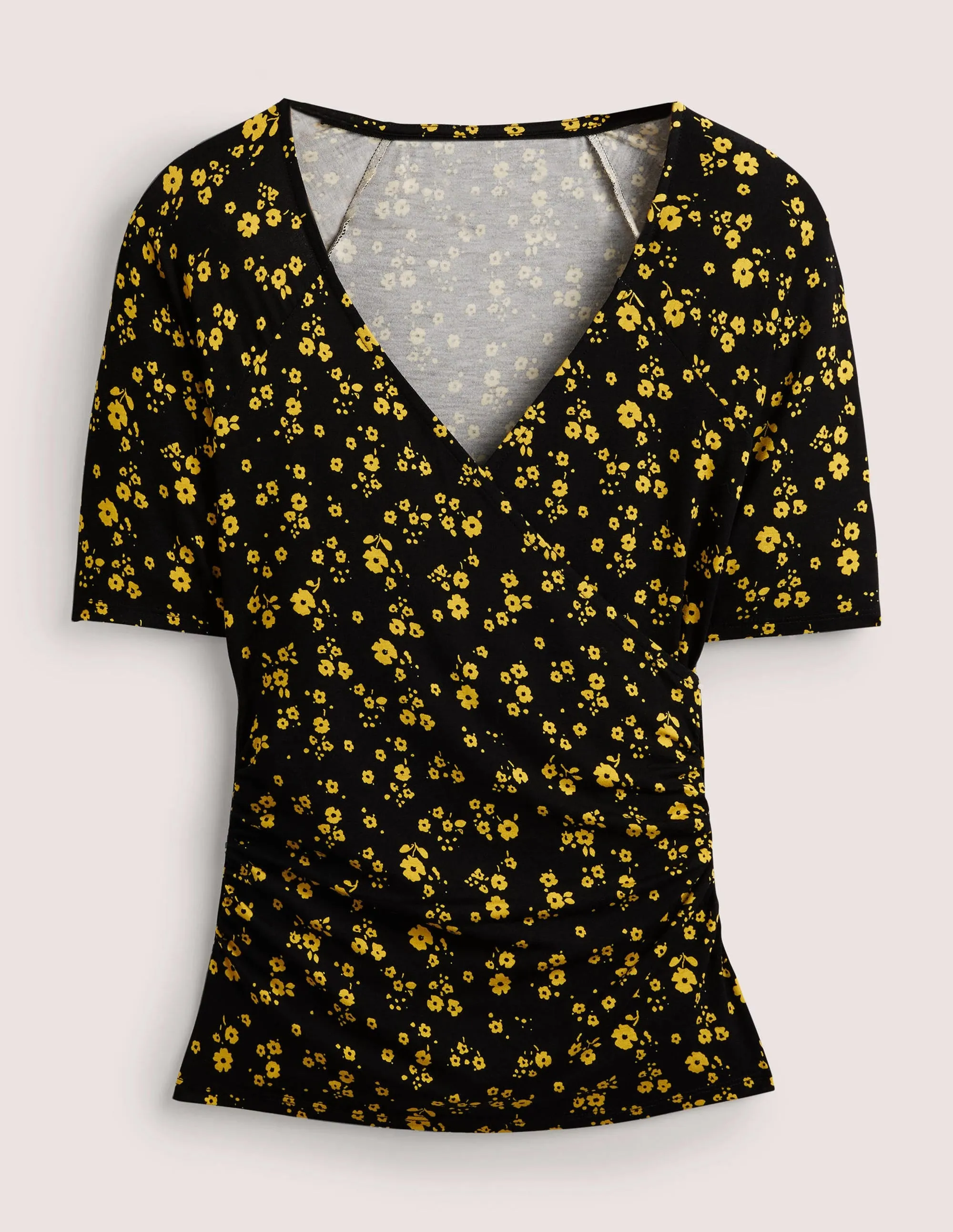 Short Sleeve Wrap Top-Black, Floral Sprig