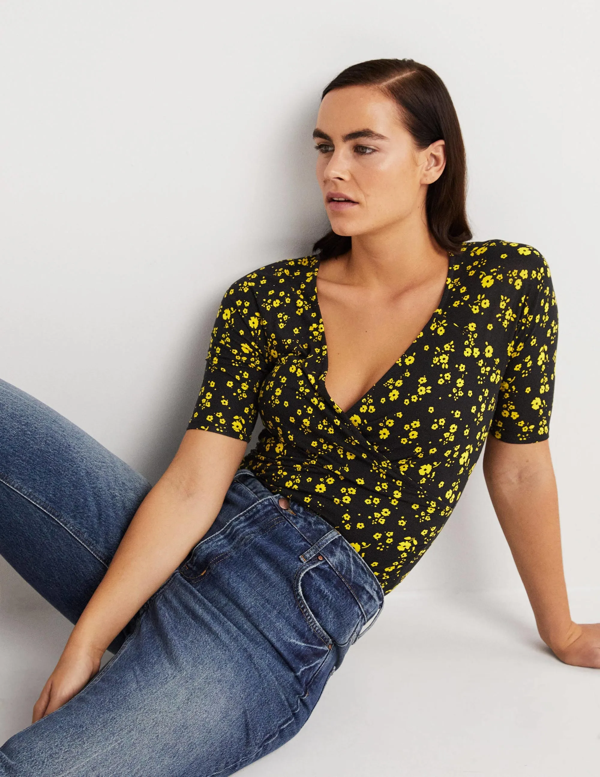 Short Sleeve Wrap Top-Black, Floral Sprig