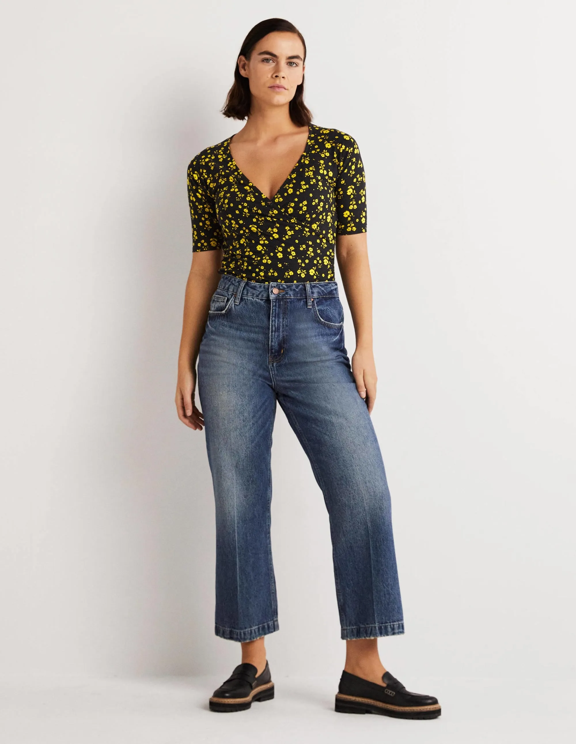 Short Sleeve Wrap Top-Black, Floral Sprig