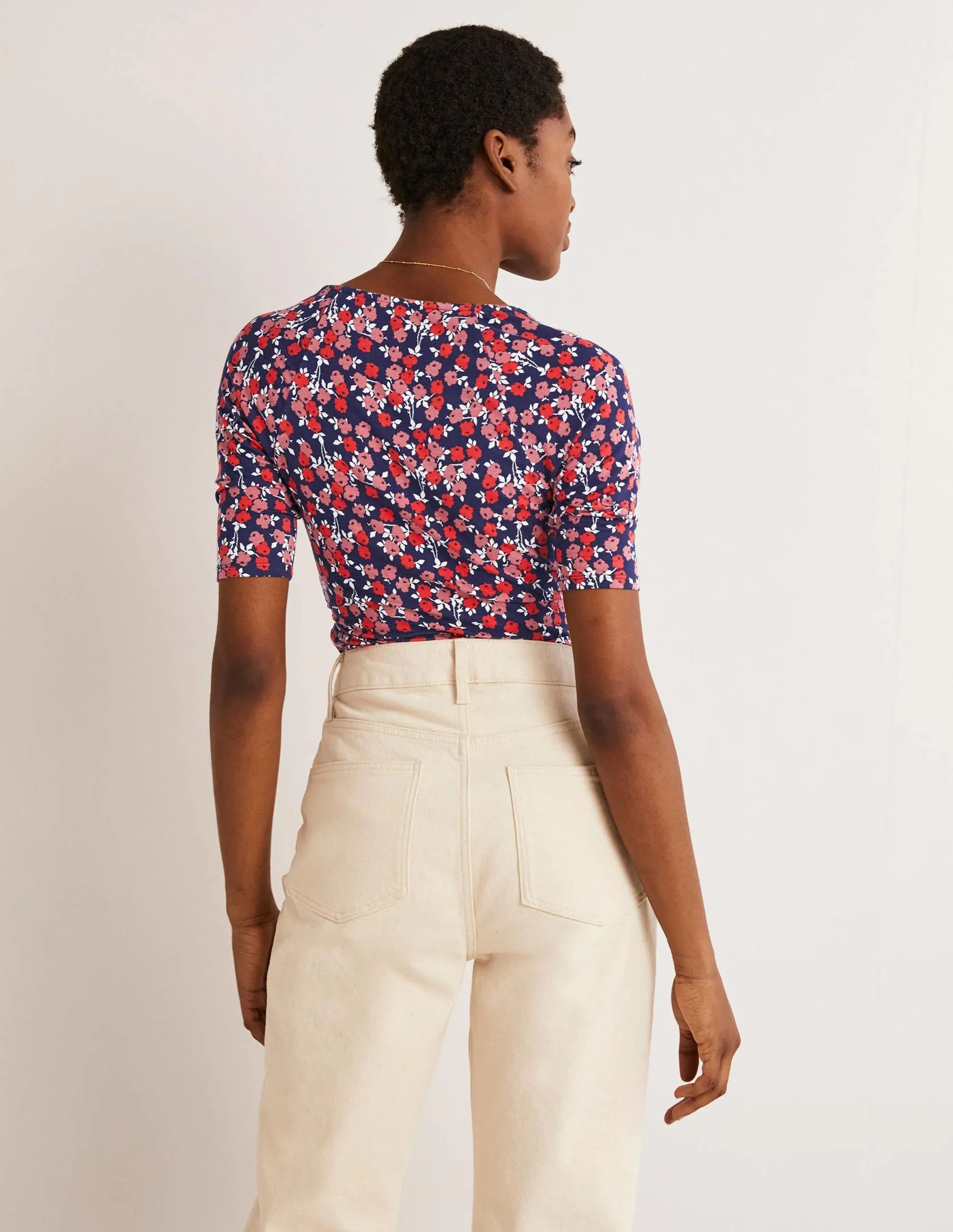 Short Sleeve Wrap Top-Cherry Red, Abstract Sprig
