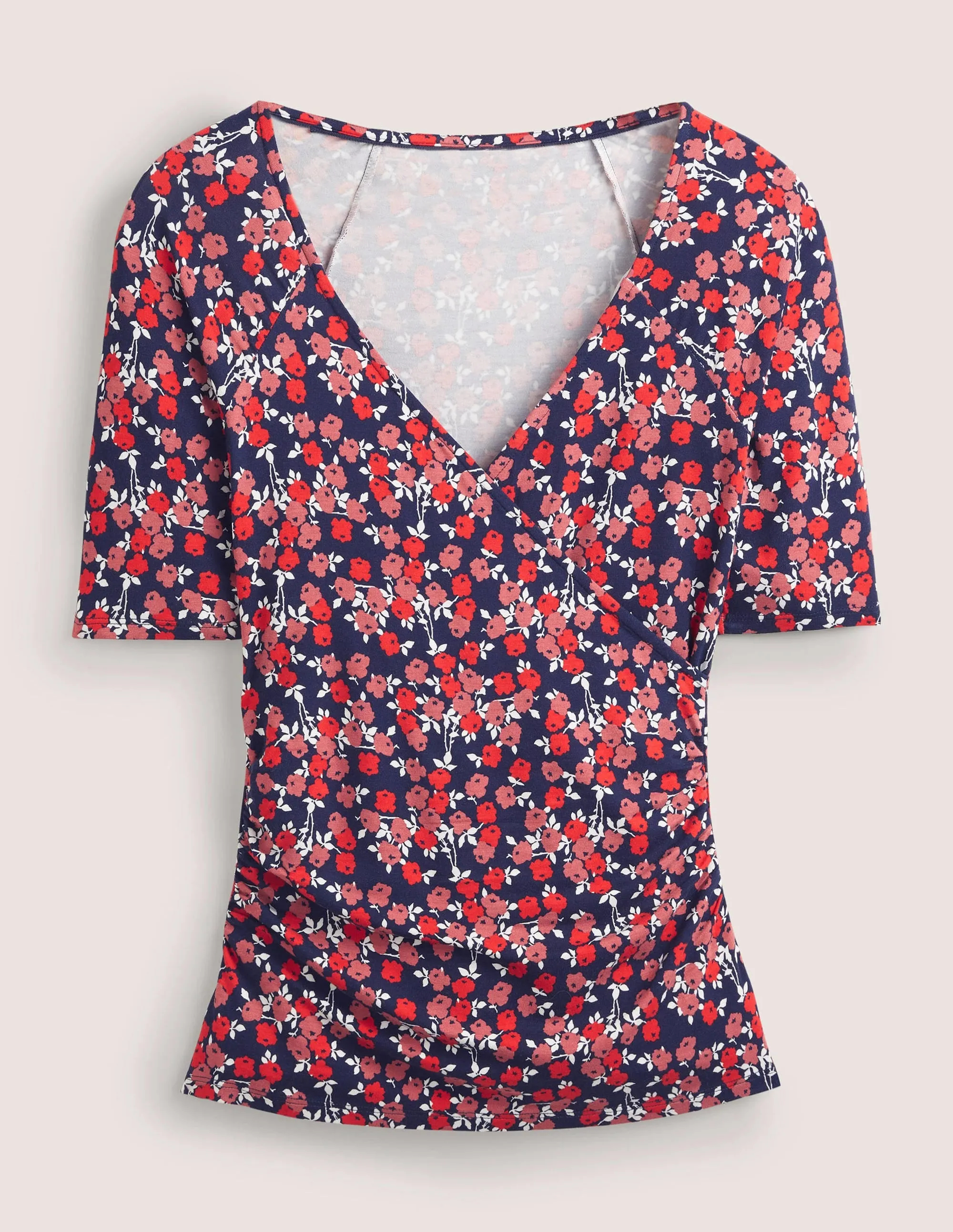Short Sleeve Wrap Top-Cherry Red, Abstract Sprig