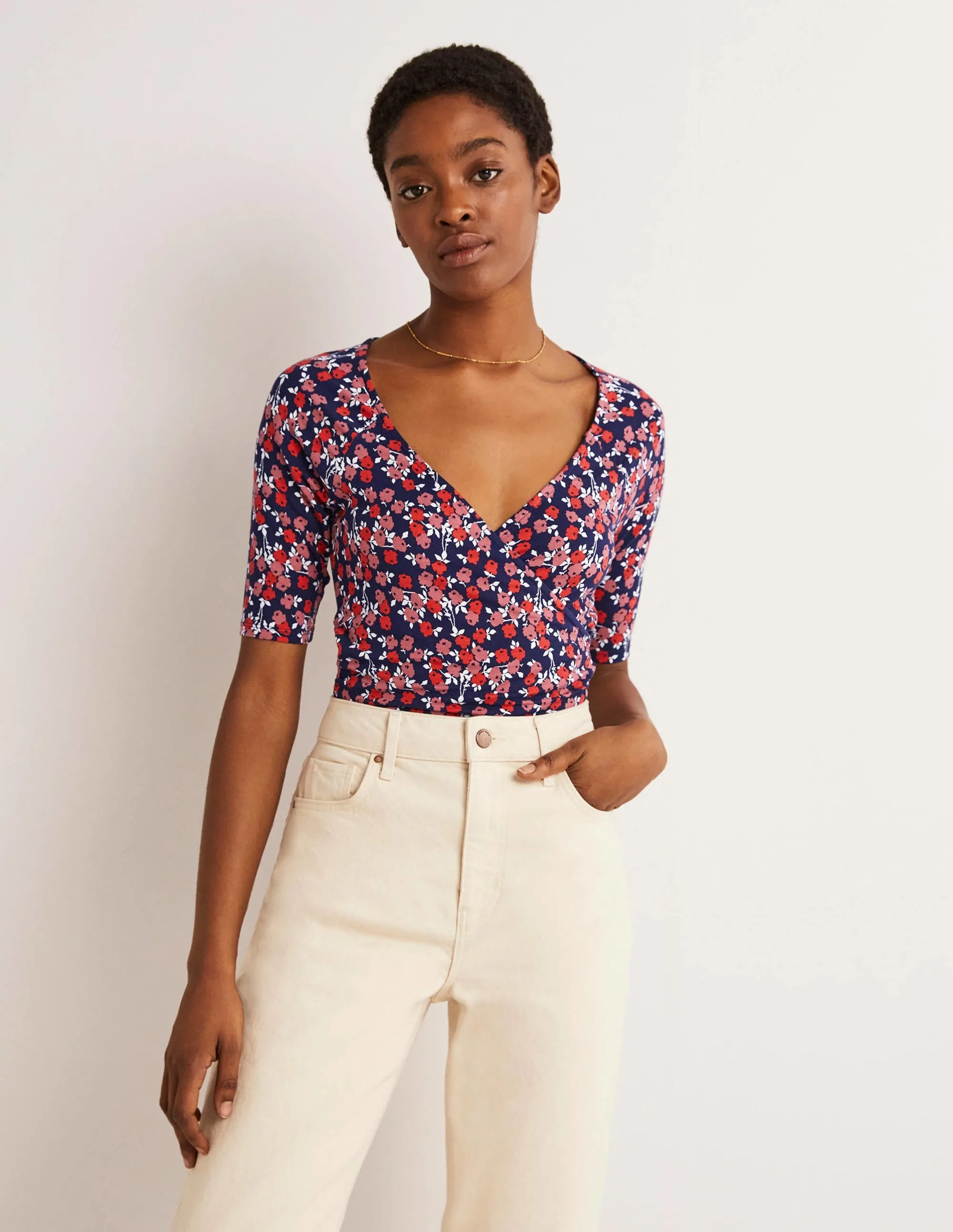 Short Sleeve Wrap Top-Cherry Red, Abstract Sprig