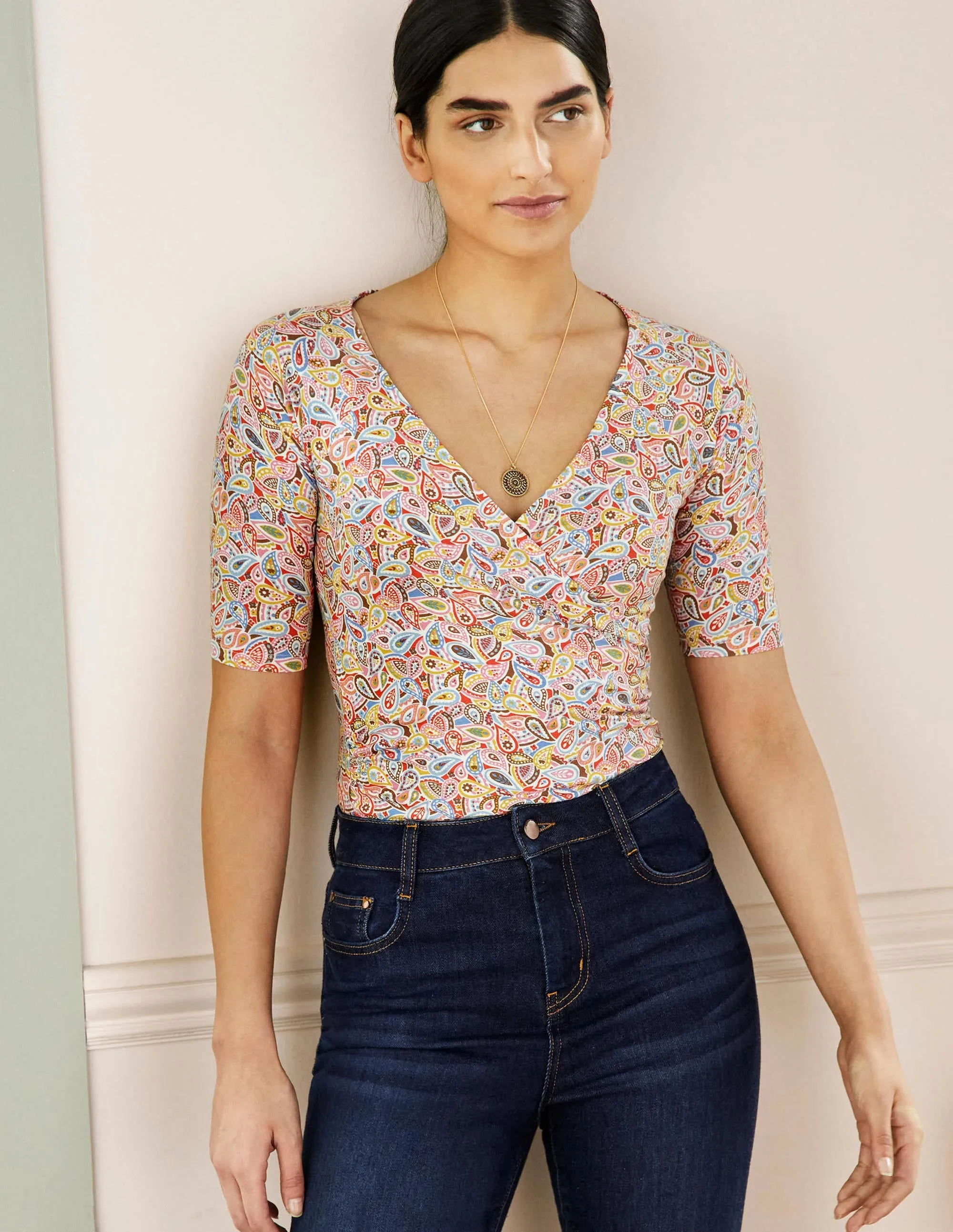Short Sleeve Wrap Top-Multi, Paisley Blush