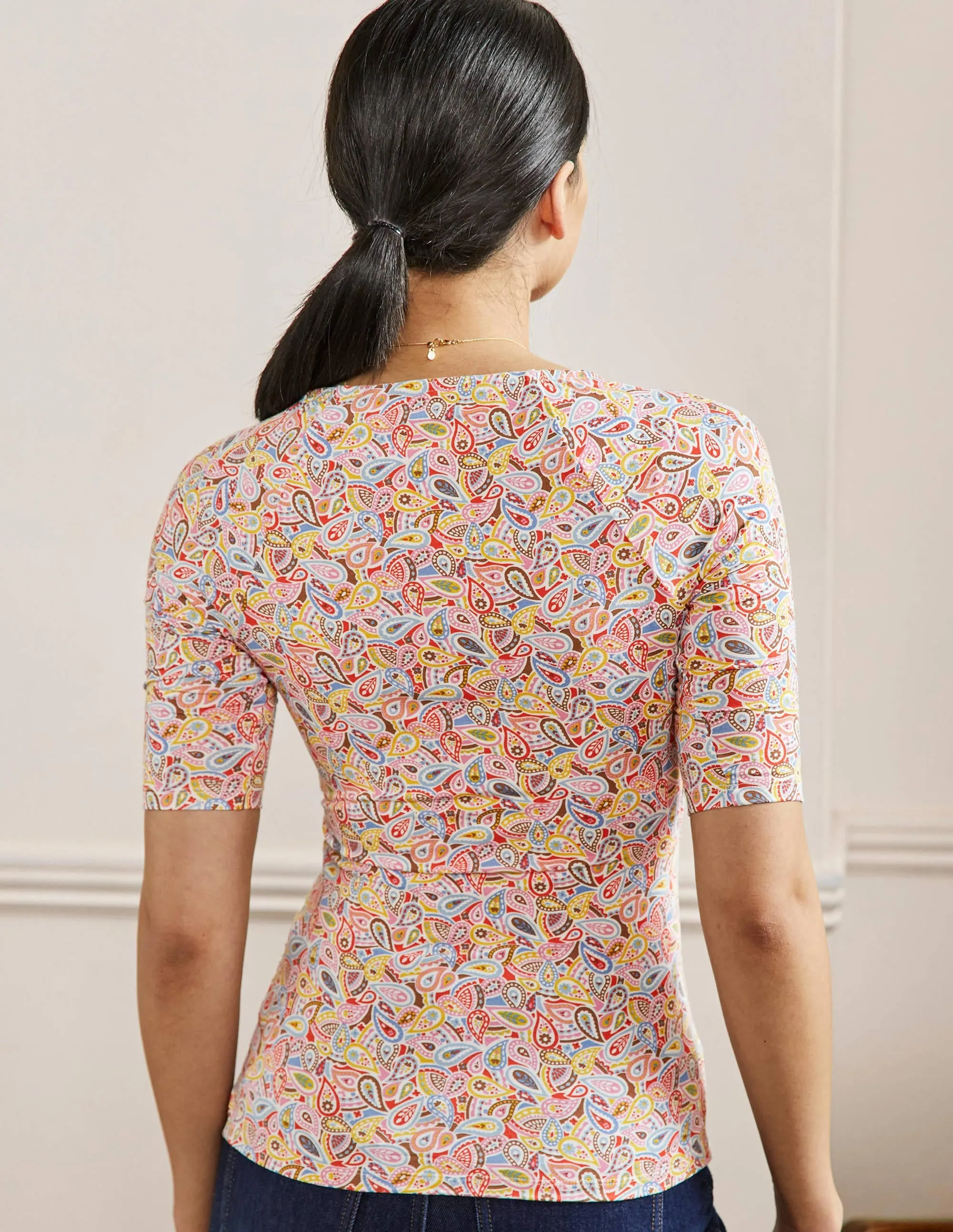 Short Sleeve Wrap Top-Multi, Paisley Blush