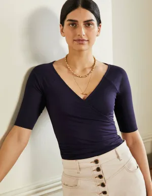 Short Sleeve Wrap Top-Navy