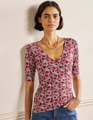 Short Sleeve Wrap Top-Red / Dusty Blue, Floret Bloom