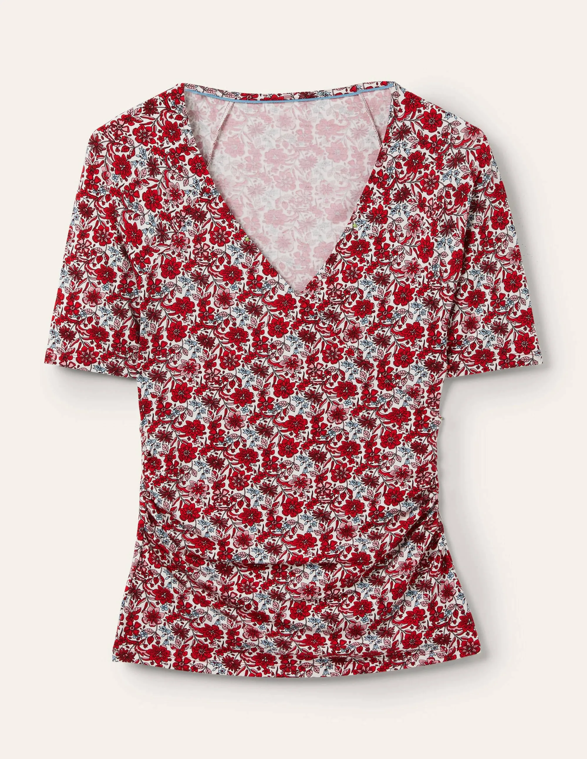 Short Sleeve Wrap Top-Red / Dusty Blue, Floret Bloom