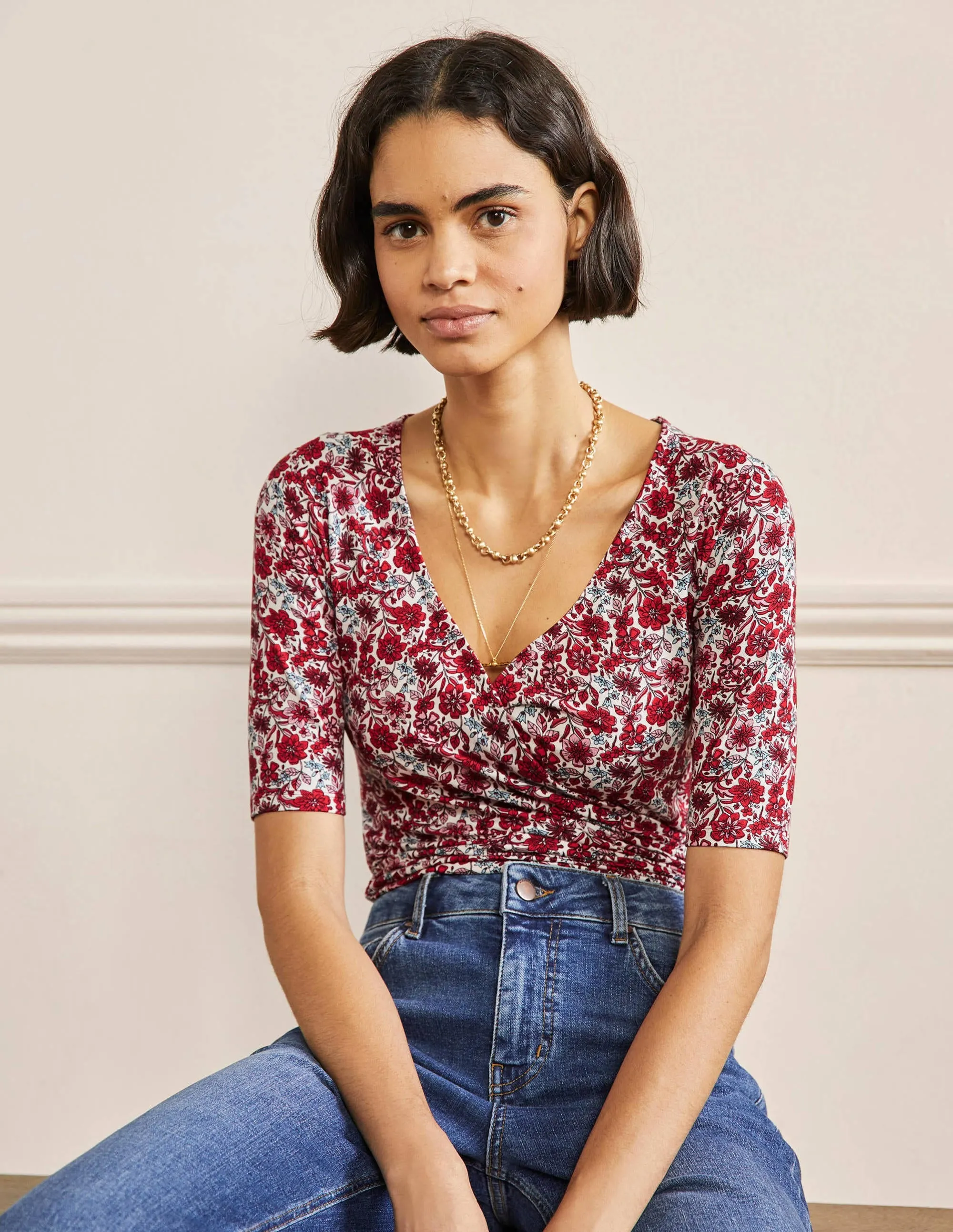 Short Sleeve Wrap Top-Red / Dusty Blue, Floret Bloom