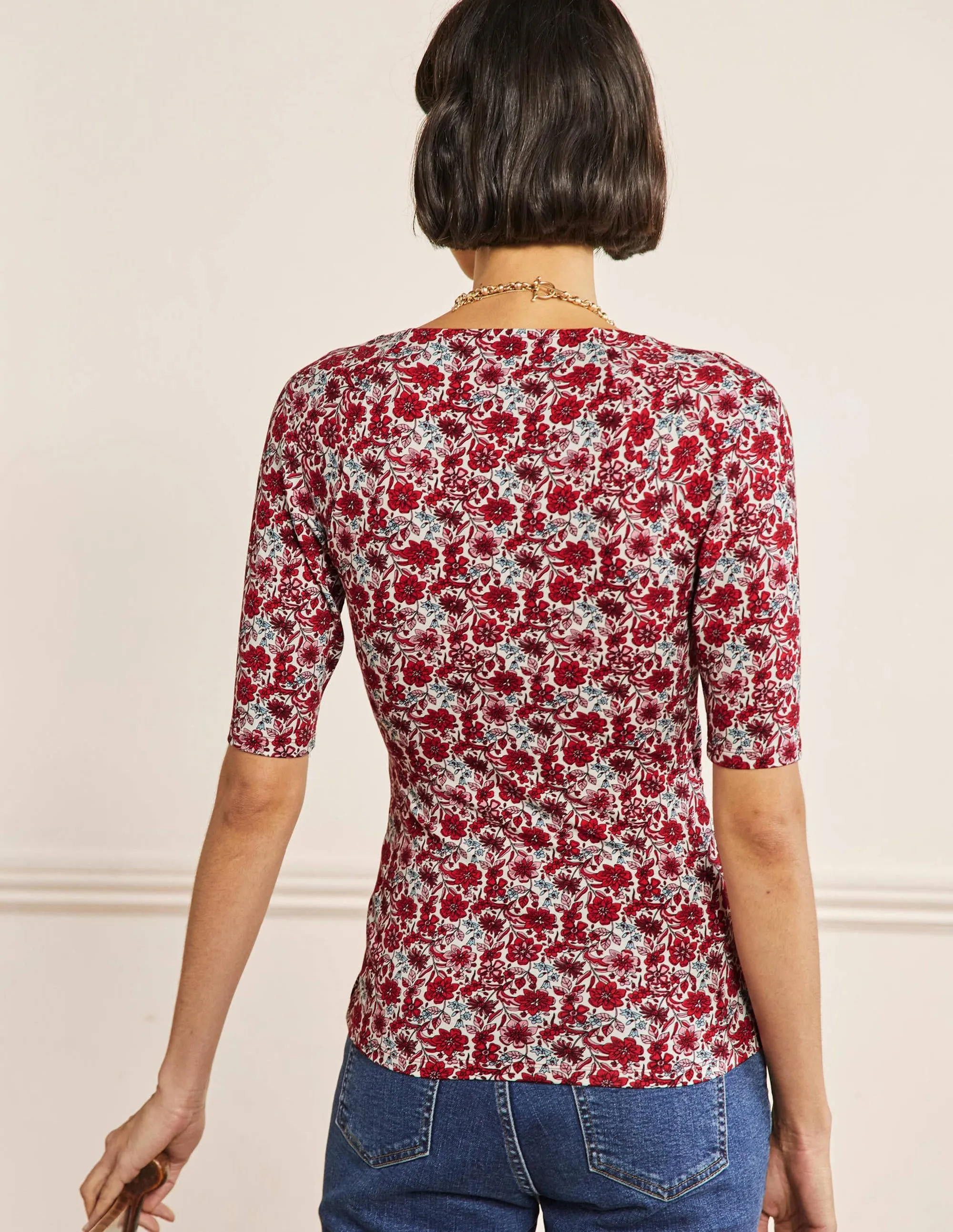 Short Sleeve Wrap Top-Red / Dusty Blue, Floret Bloom