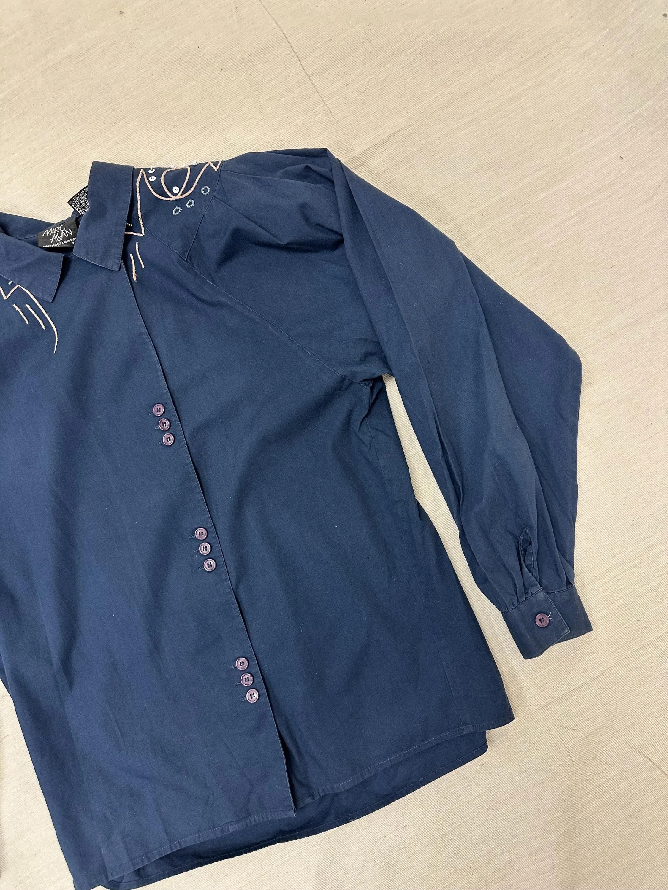 Vintage 80s Mark Allen Western Navy Embroidered Beaded Triple Button Up | Size Ladies Medium