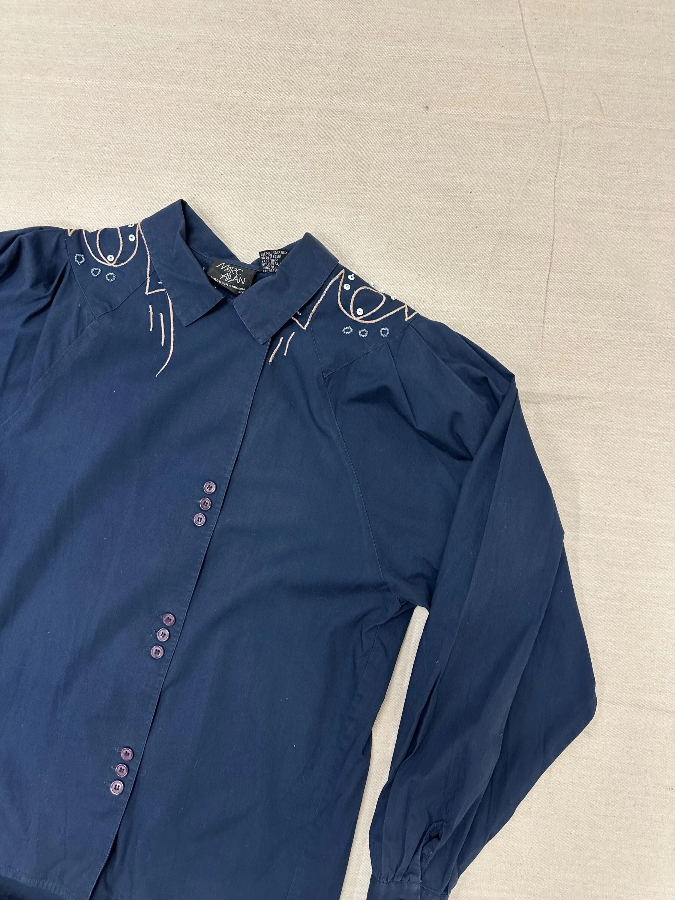 Vintage 80s Mark Allen Western Navy Embroidered Beaded Triple Button Up | Size Ladies Medium